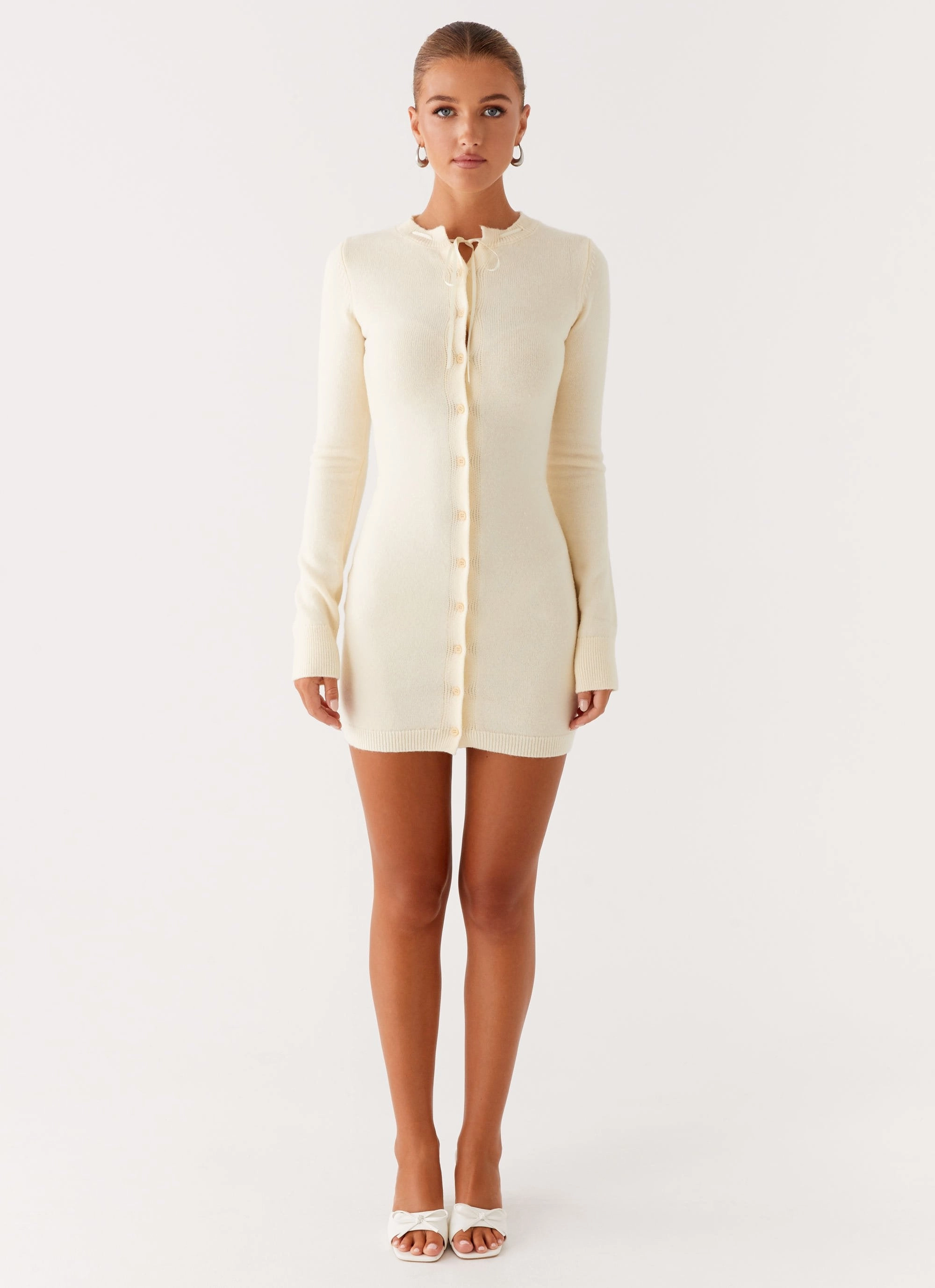 Zaffia Knit Mini Dress - Ivory Chilly Comfort Fashionable outfit for outings