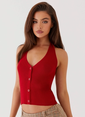 Bettie Knit Halter Top - Red Ventilated Panel Design