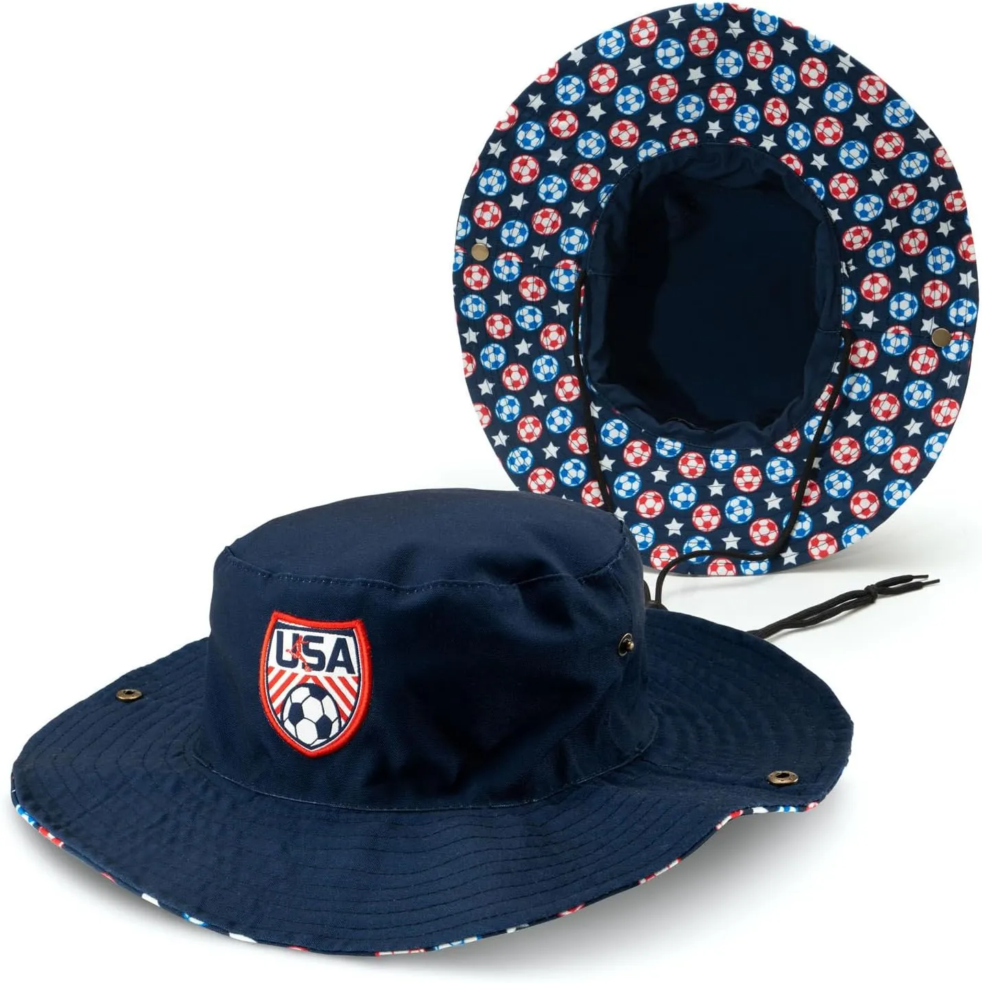ChalkTalkSPORTS Soccer Bucket Hat - Adjustable | Cooling | Wide Brim Boonie | Outdoor & Beach Sun Hat | Men & Women | USA Flag