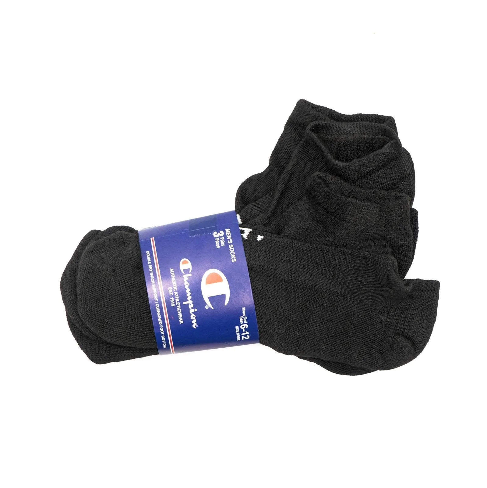 Champion Men's 3-Pack Black Ankle Low Cut Invisible Socks Size 6-12