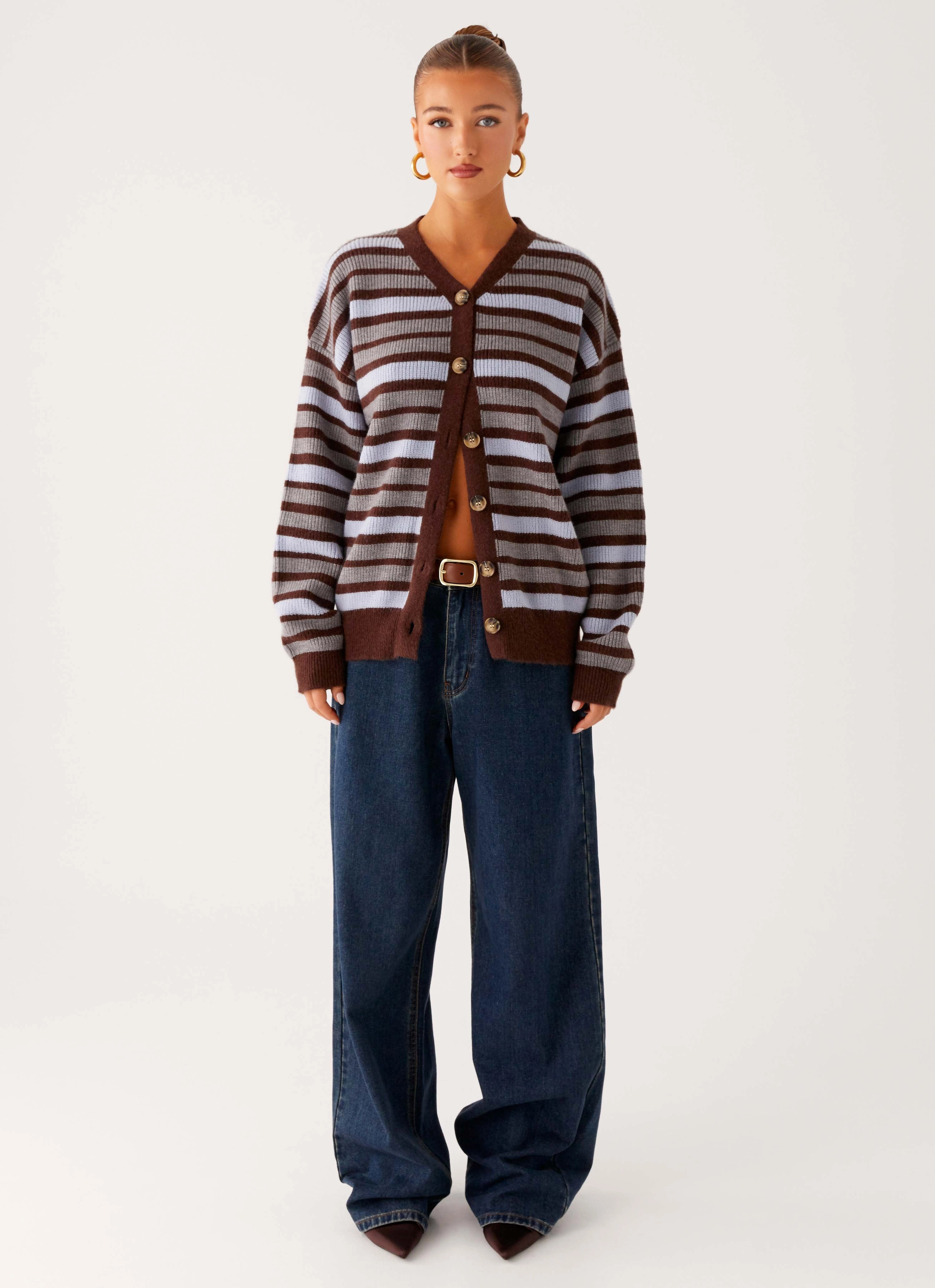 WeatherproofCoating High Collar Charlie Oversized Cardigan - Tawny Stripe