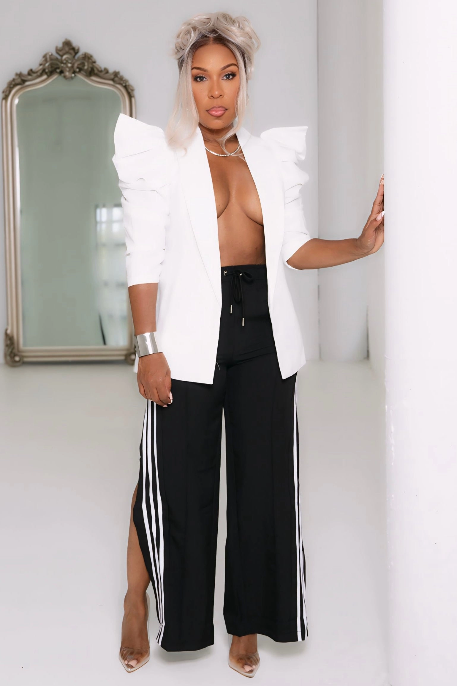 Breezy Layer Option Reflective accents Charlyce Textured 3/4 Sleeve Power Shoulder Jacket-White