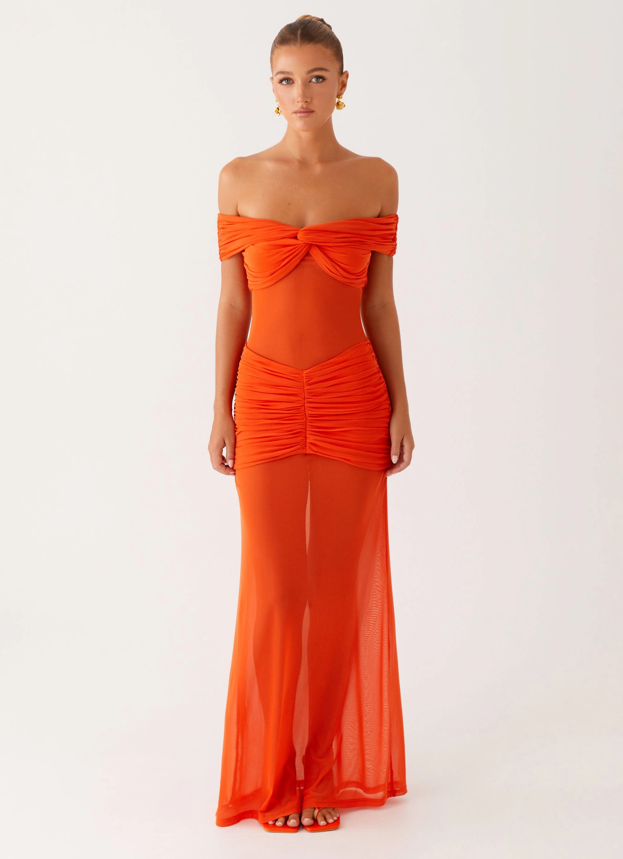 Charming Off Shoulder Maxi Dress - Orange Breezy Style Soft Waist