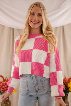 Double Stitched Hem LowImpact Dye Process Checking Off the Boxes Sweater-Pink