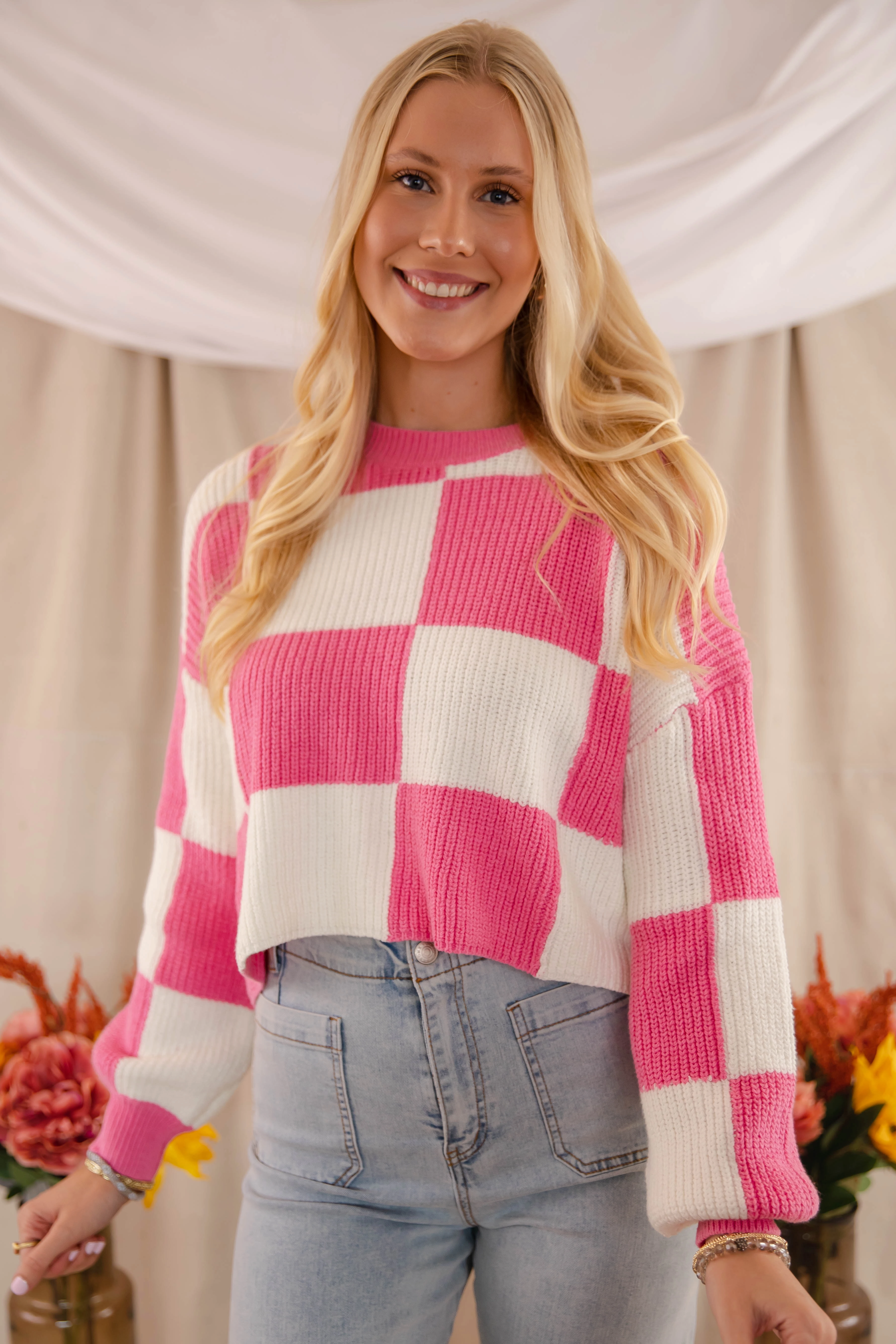 Checking Off the Boxes Sweater-Pink NonIrritatingStitching Sustainable Material Blend