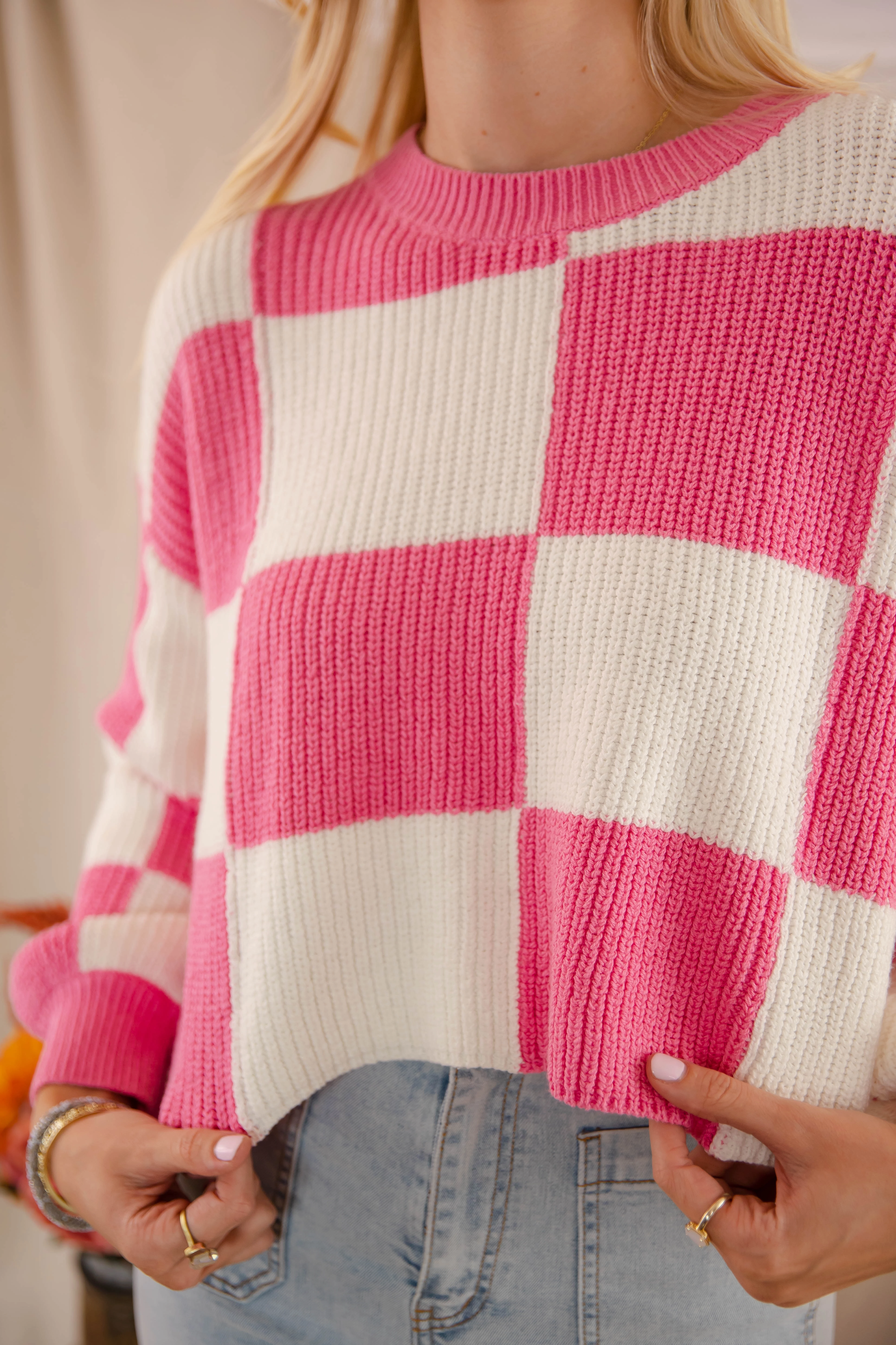 Antistatic Wool Sweater Checking Off the Boxes Sweater-Pink