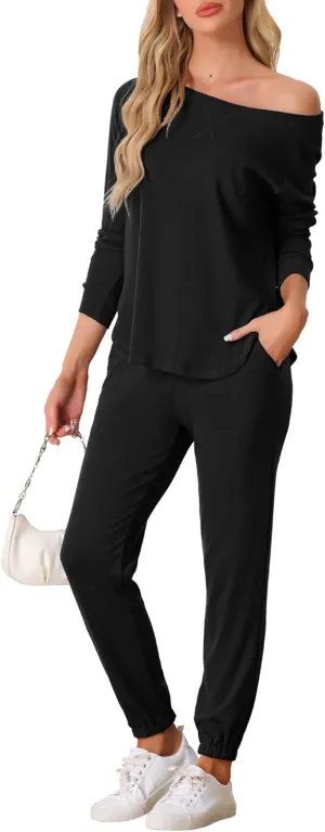 cheibear Womens Travel Sweatsuits 2 Piece Outfit Knit Fall Winter Long Sleeve Loungewear Set