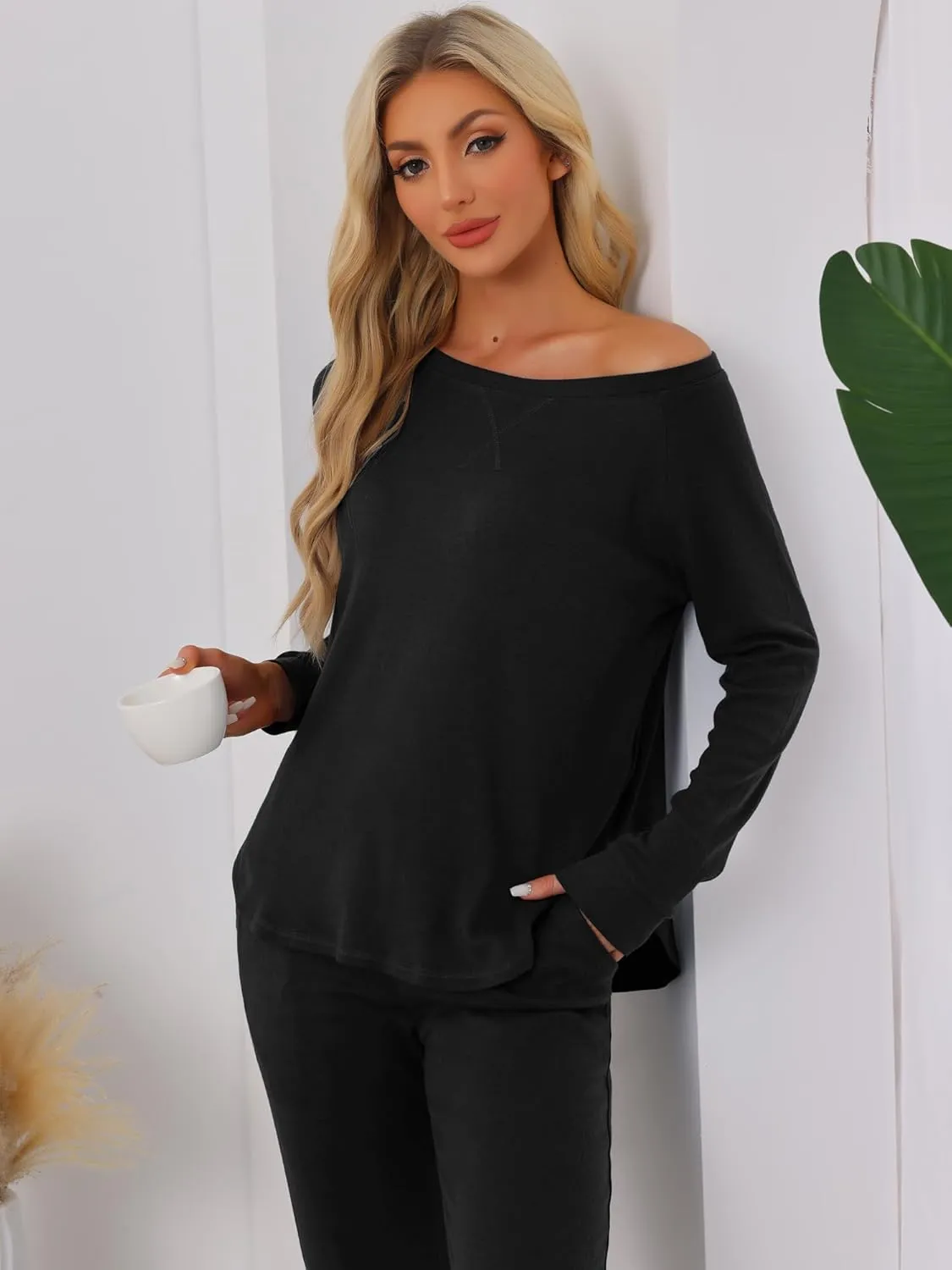 cheibear Womens Travel Sweatsuits 2 Piece Outfit Knit Fall Winter Long Sleeve Loungewear Set