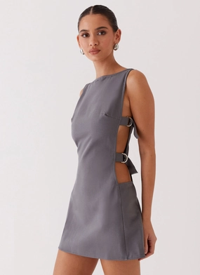 Chic formal attire Balloon-Sleeve Cherish You Buckle Mini Dress - Charcoal