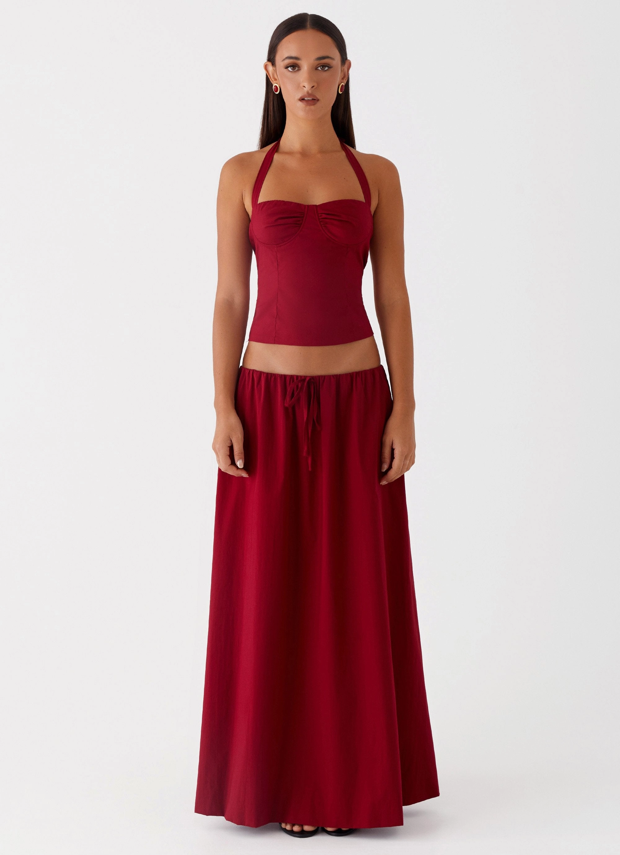 Cheryl Bustier Halter Top - Cherry Red Flexible Knit Blend Athletic Look