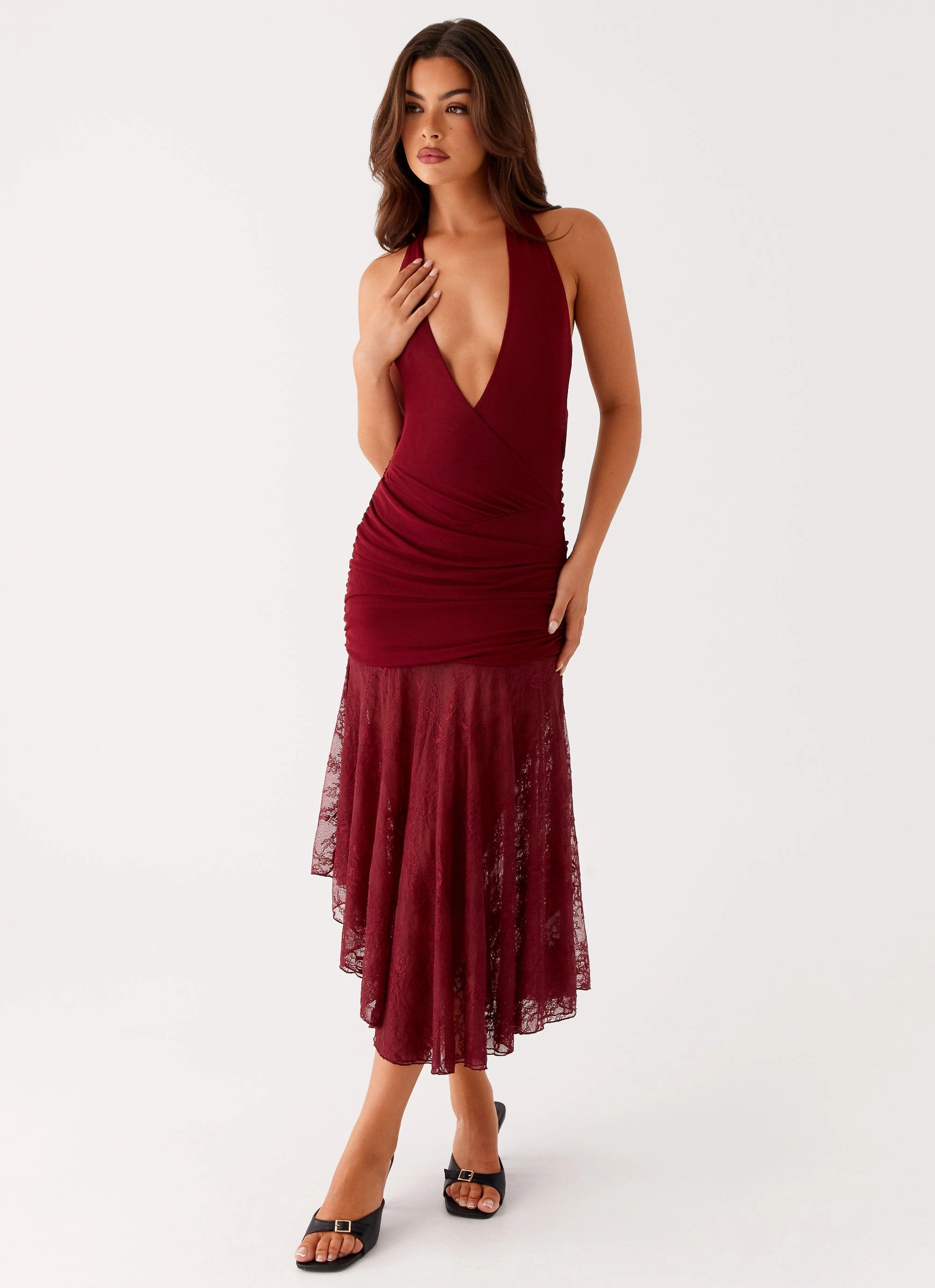 Burnout Midi Dress - Maroon Beaded-Sleeve