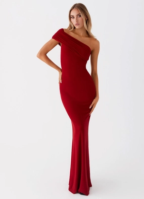 Reine Maxi Dress - Red Shiny-Lining High-Neck