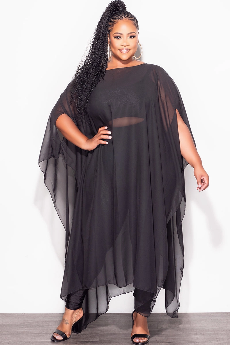 Final Sale Plus Size 3pc Chiffon Oversized Tunic Top, Bra Top and Legging Set in Black High Durability Stitching Flexible Ankle Cuffs