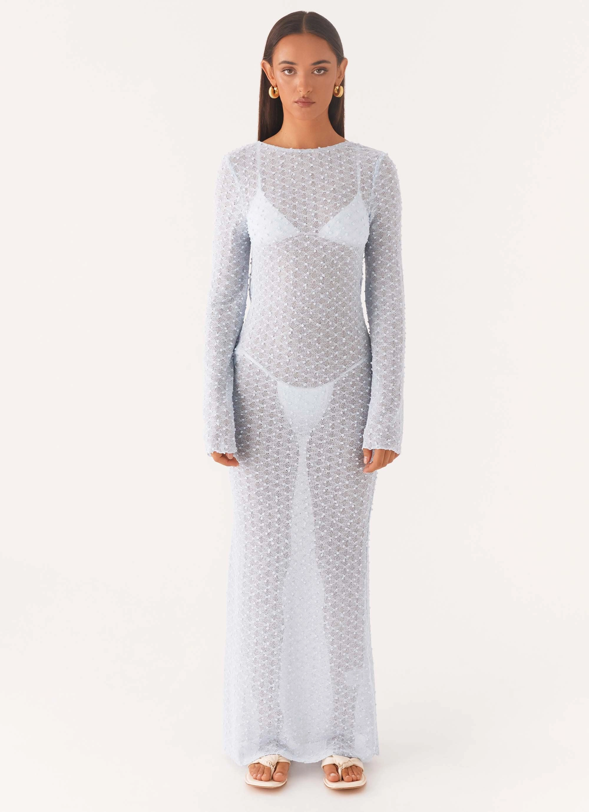 Simple Shape Mesh-Sleeve Flirty Knitted Maxi Dress - Blue
