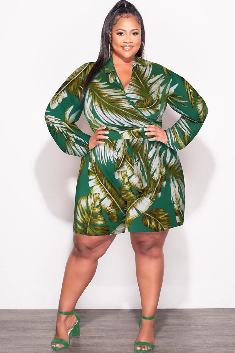 Non Irritating Tags Final Sale Plus Size 2pc Crop Top & Bermuda Short Set in Green & Olive Palm Print