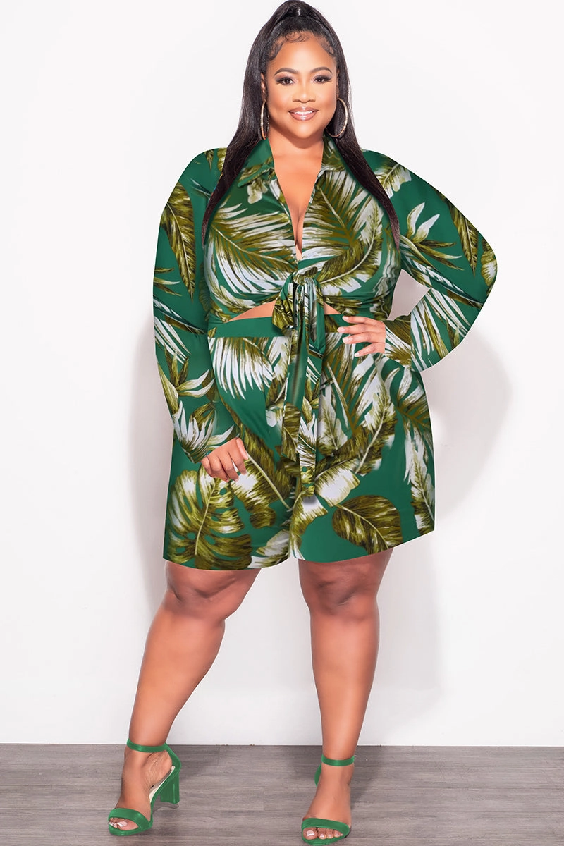 WrinkleFreeFabric Sport Comfort Fit Final Sale Plus Size 2pc Crop Top & Bermuda Short Set in Green & Olive Palm Print