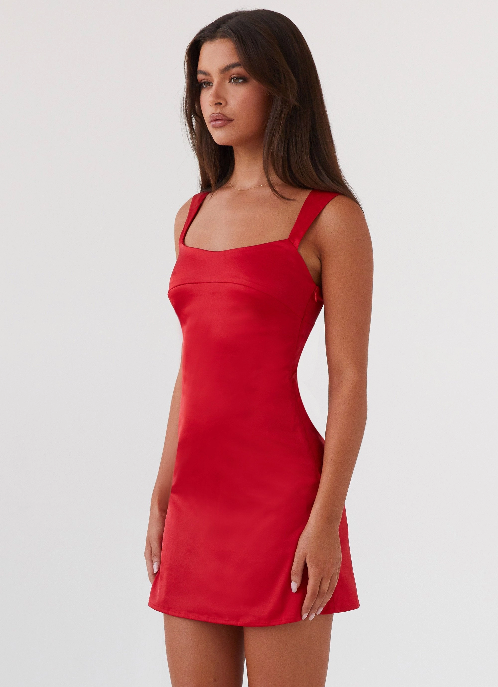 Modern Waist Casual Silhouette Odette Satin Mini Dress - Red
