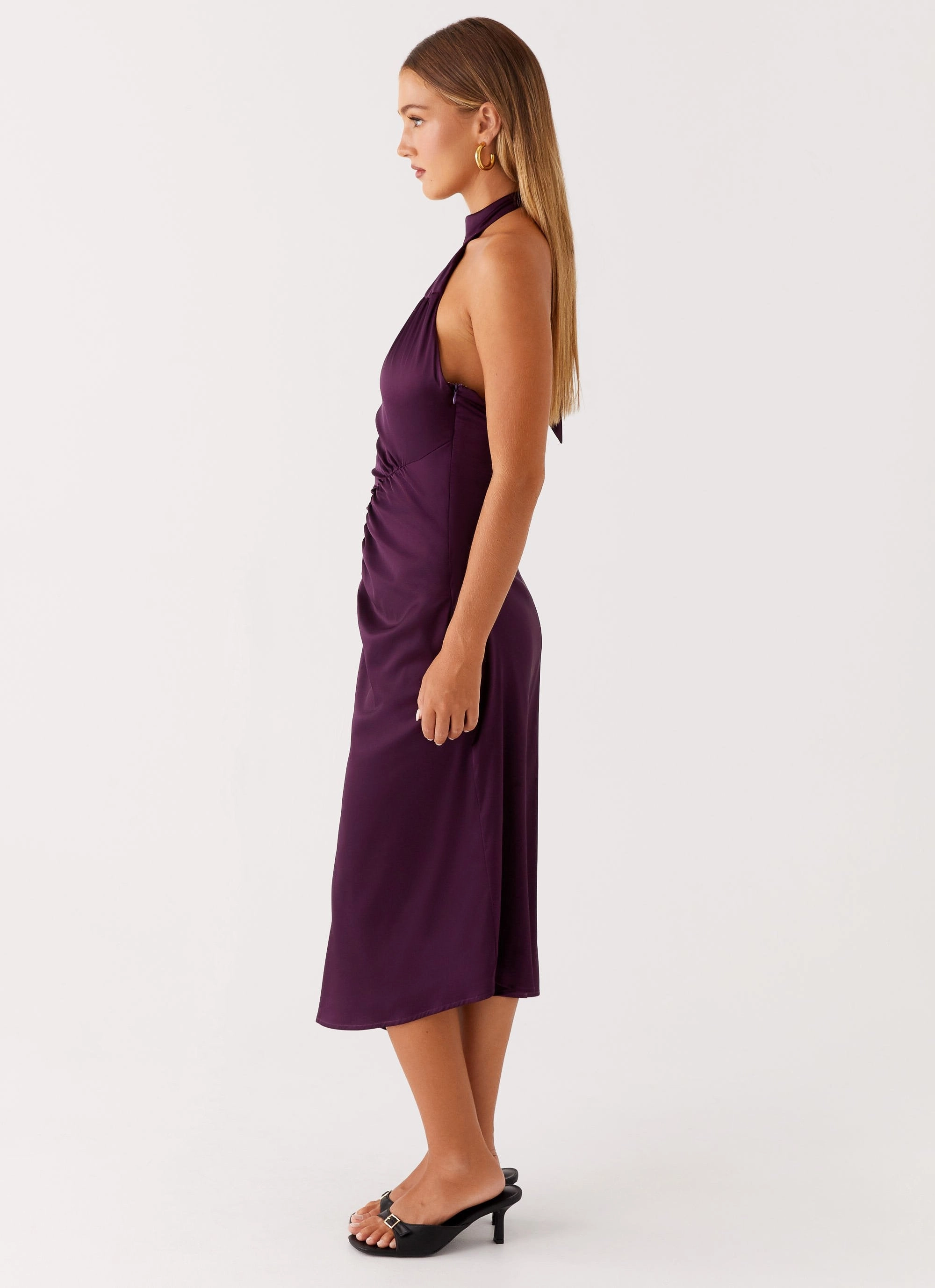 Casta Halterneck Midi Dress - Plum Trend Texture Simple Bow