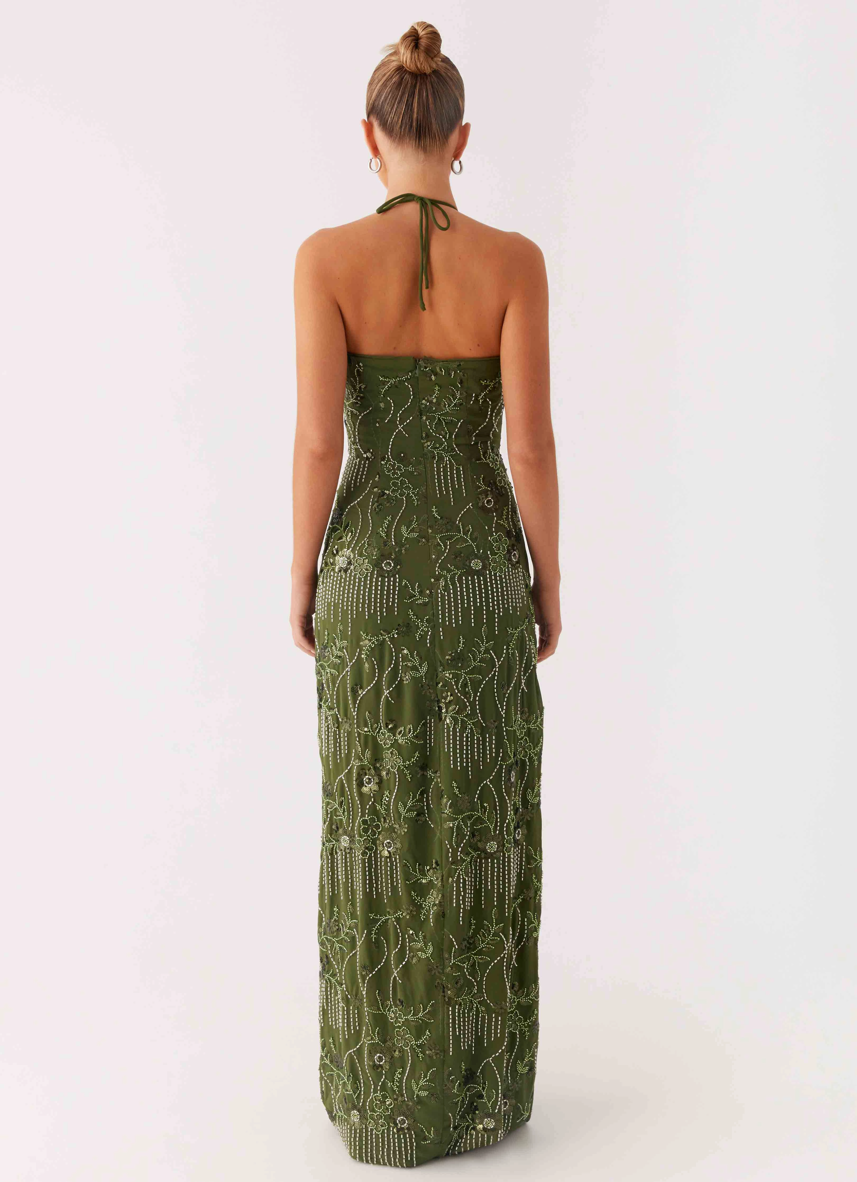 Phoenicia Beaded Maxi Dress - Khaki Dreamy Look Halter neck