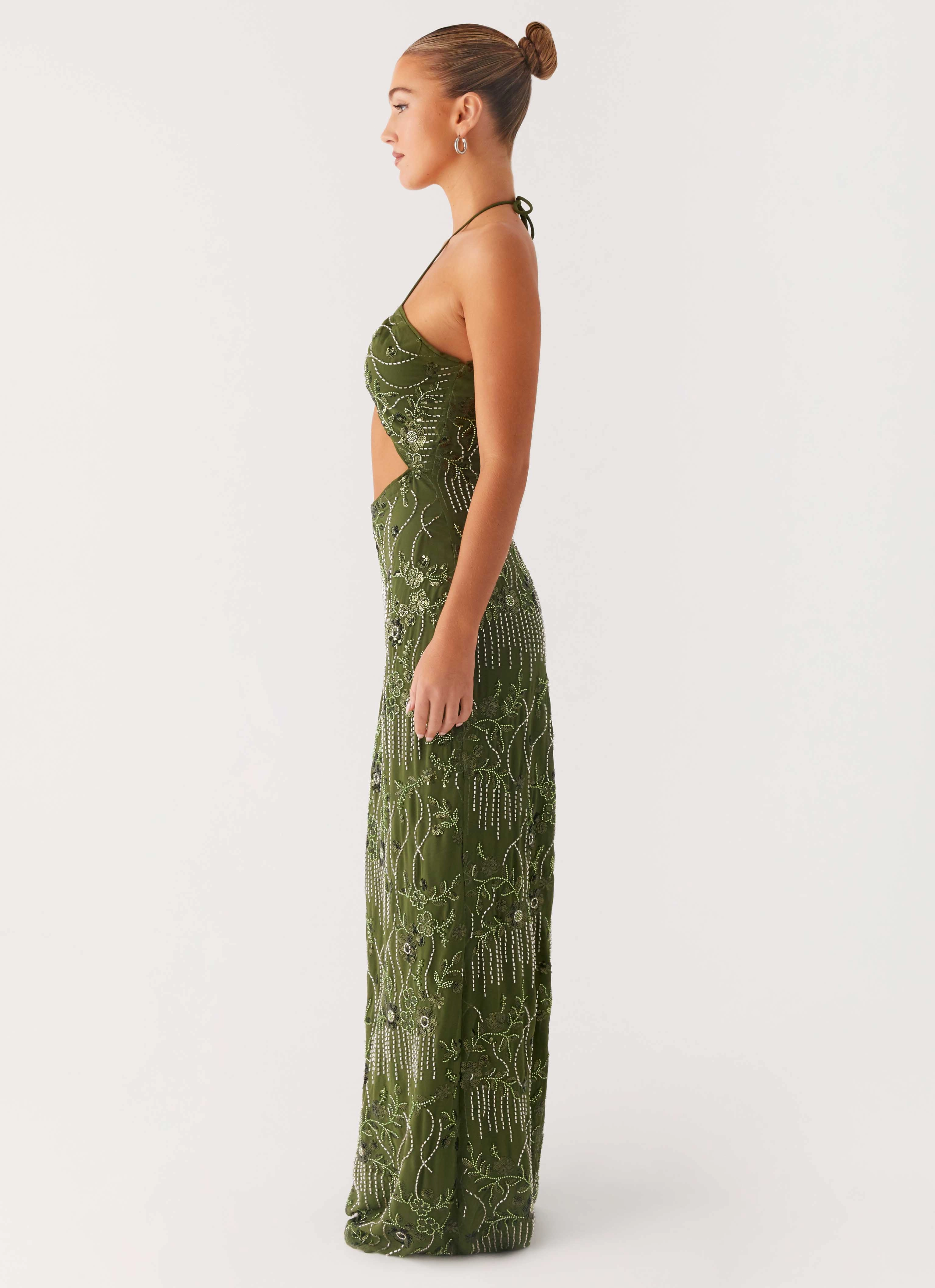 Fall Layer Minimal Motion Phoenicia Beaded Maxi Dress - Khaki