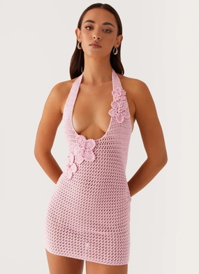 Tassel-Detail Light And Airy Luciana Crochet Halterneck Mini Dress - Pink