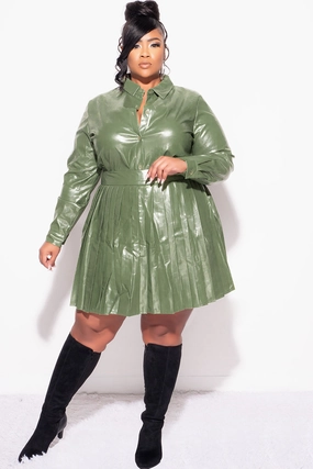 Laser Cut Edges Final Sale Plus Size 2Pc Set Button Up Top With Pleated Skirt in Olive