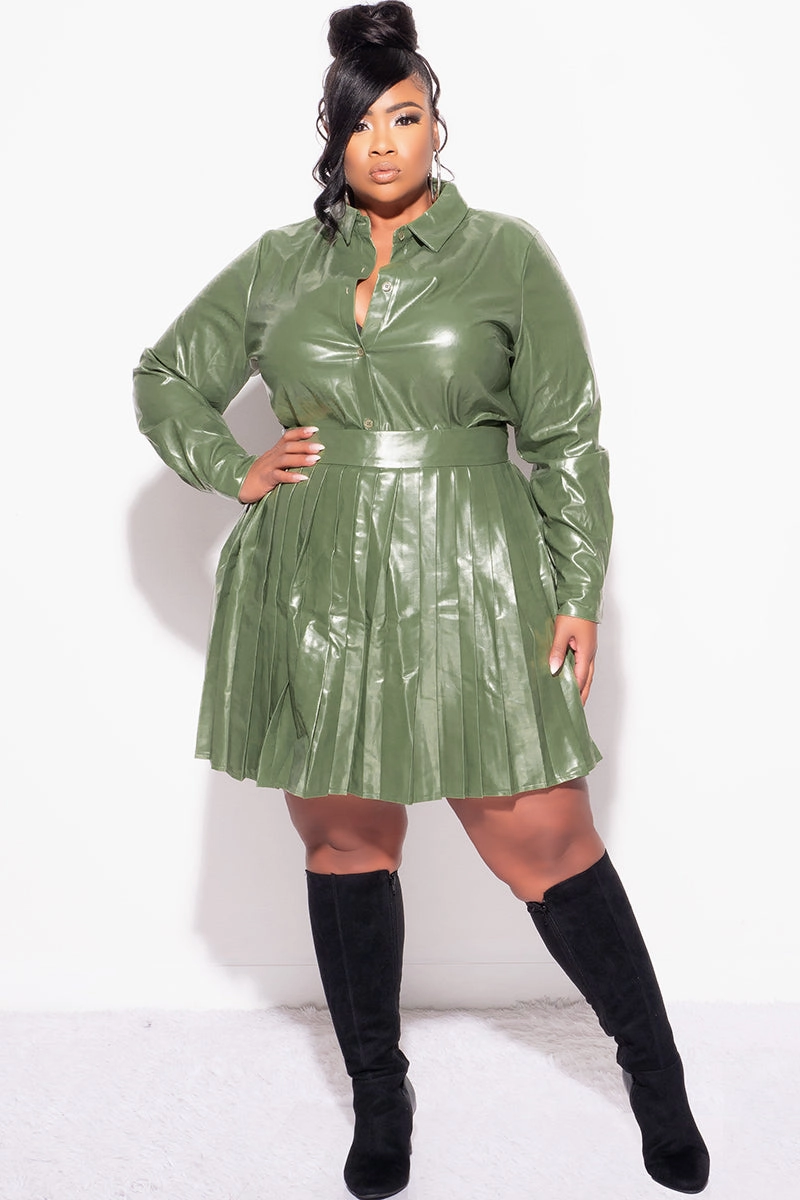 Final Sale Plus Size 2Pc Set Button Up Top With Pleated Skirt in Olive Sustainable Fabric