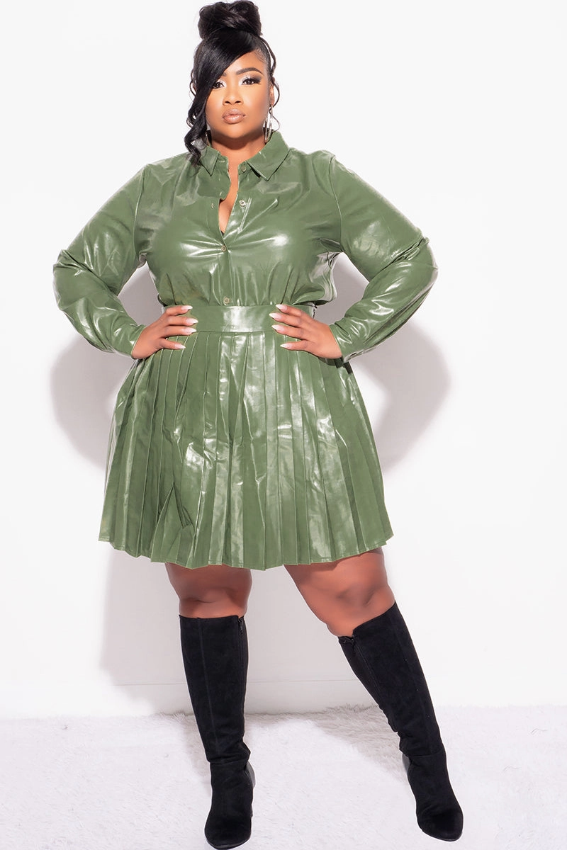 StaticResistantMaterial Final Sale Plus Size 2Pc Set Button Up Top With Pleated Skirt in Olive