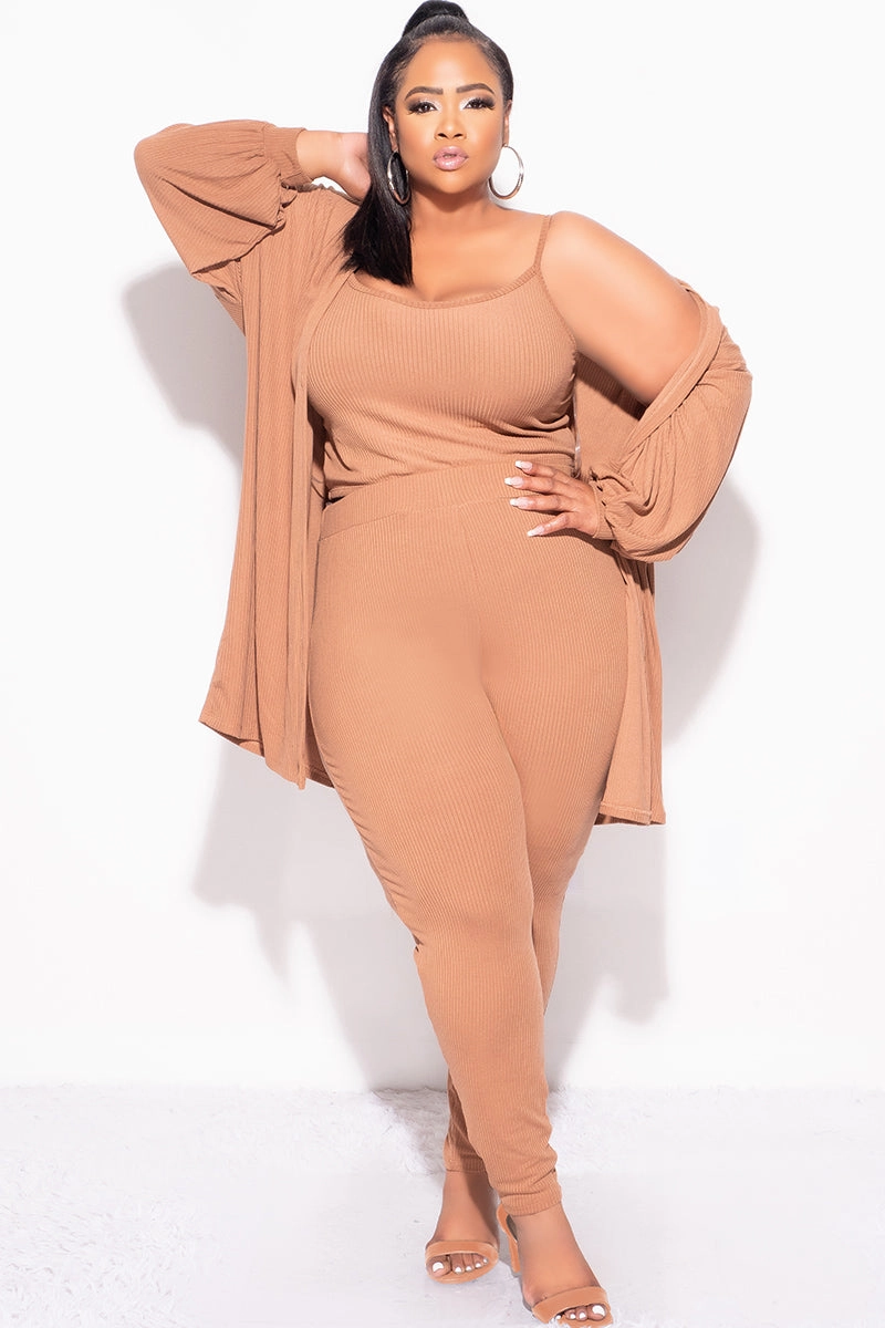 Versatile Look Seamless construction Final Sale Plus Size Ribbed 3pc Set Cardigan, Tank Crop Top, & Pants in Mocha