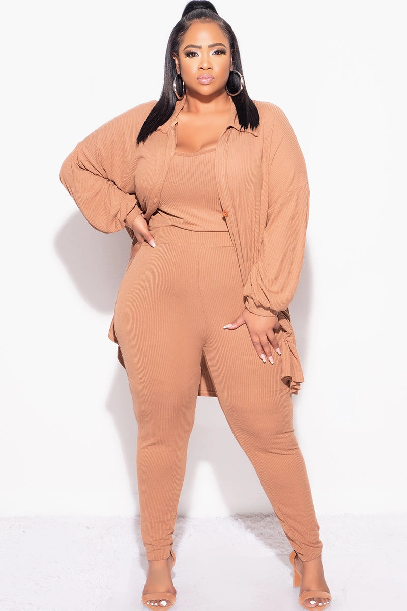Final Sale Plus Size Ribbed 3pc Set Cardigan, Tank Crop Top, & Pants in Mocha Body Friendly