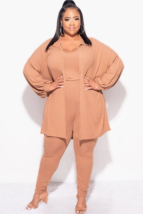 Final Sale Plus Size Ribbed 3pc Set Cardigan, Tank Crop Top, & Pants in Mocha WaterproofTechnology