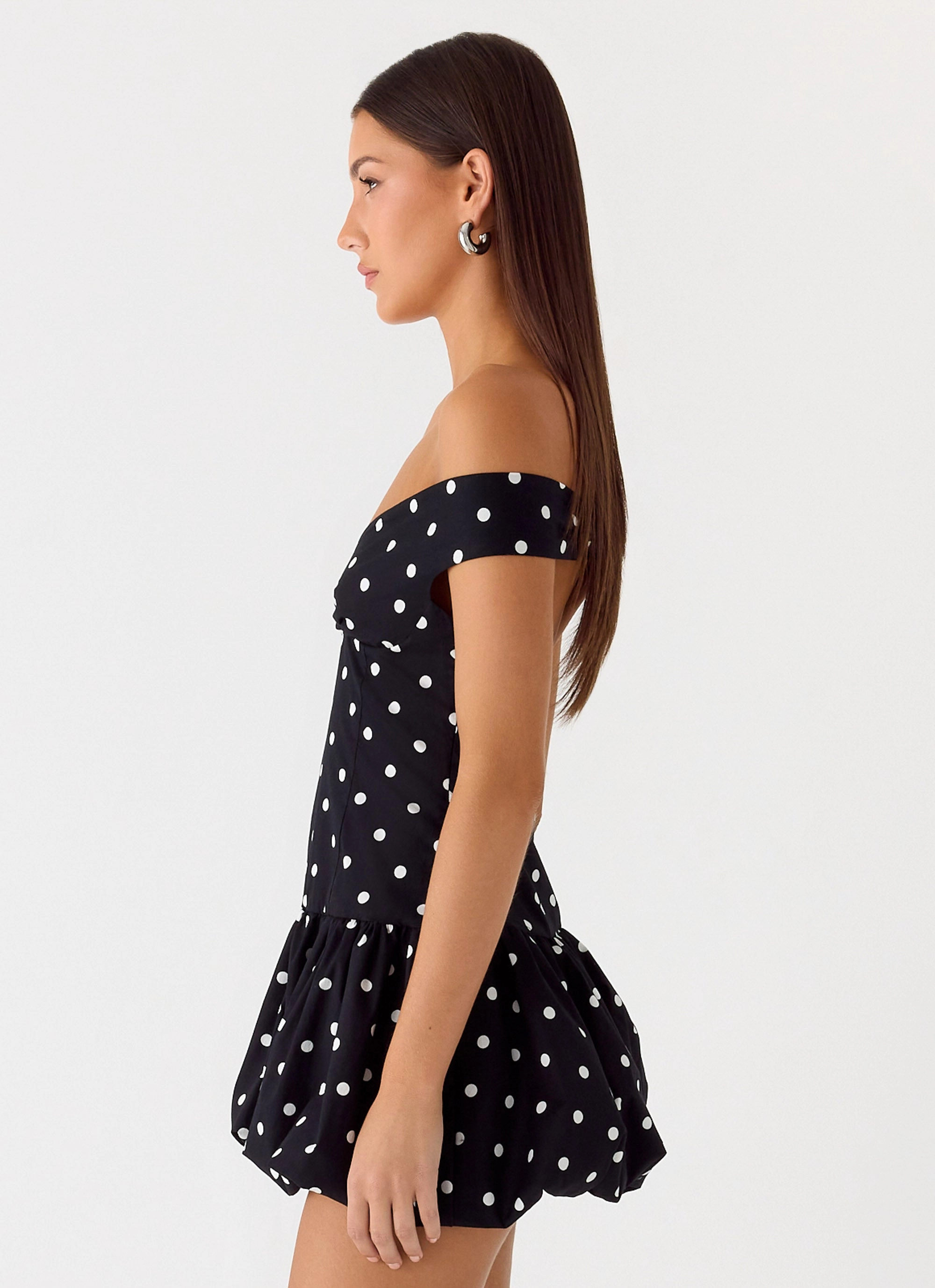 Sophisticated Vibe Endless Romance Off Shoulder Mini Dress - Black Polkadot