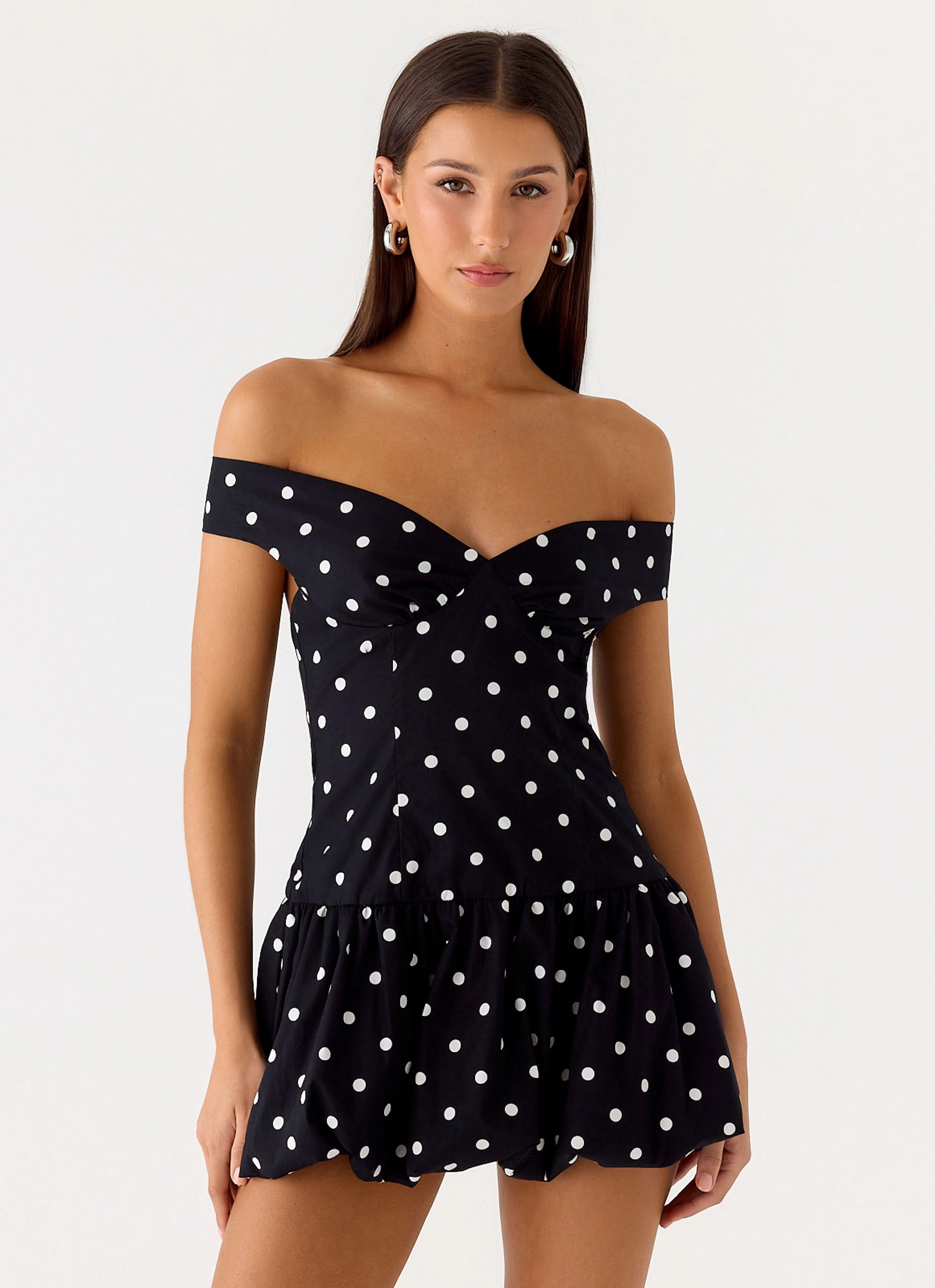 Fall Layer Cotton Touch Endless Romance Off Shoulder Mini Dress - Black Polkadot