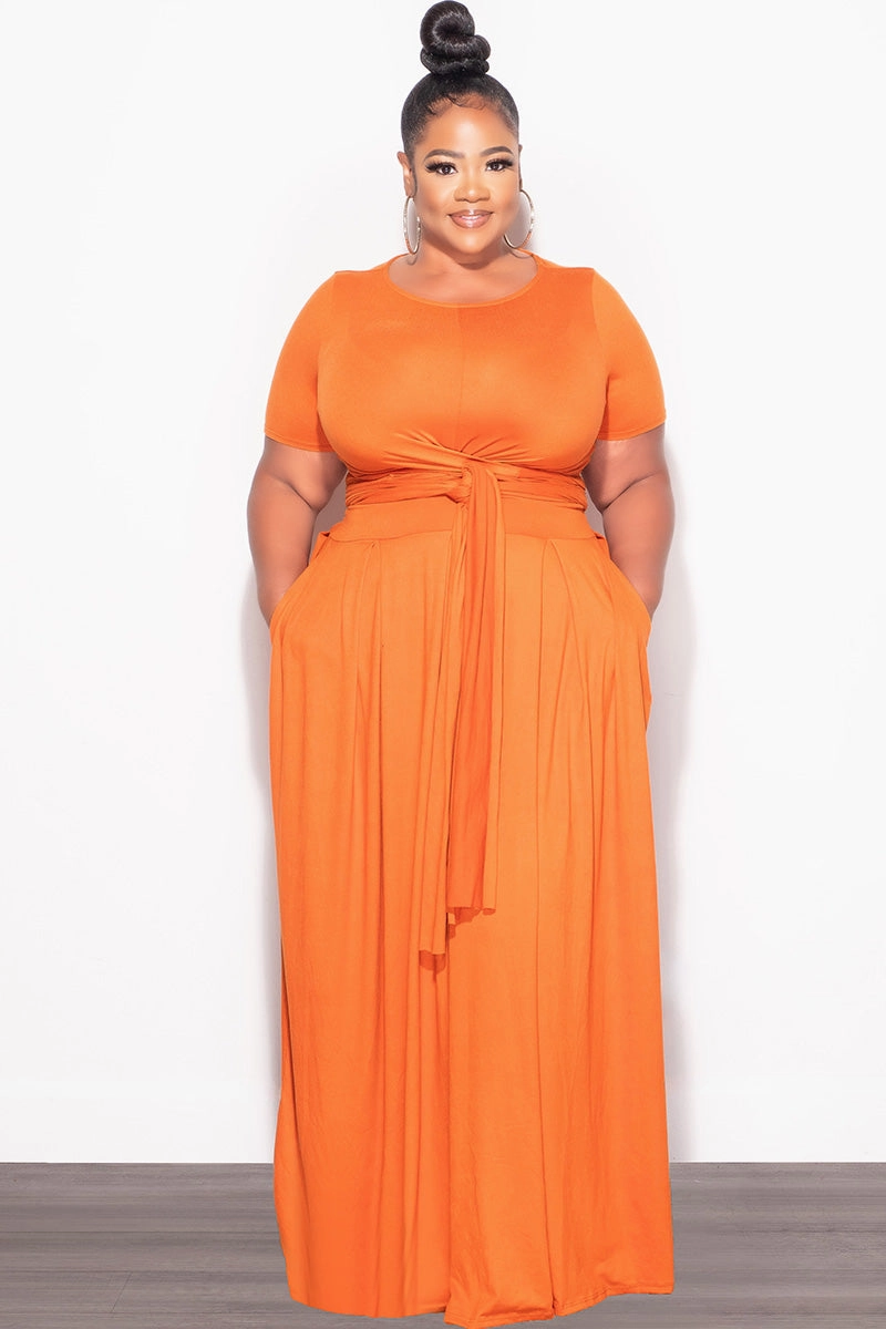 Final Sale Plus Size 2pc Short Sleeve Tie Top and Skirt Set in Orange Flexible Knee Articulation