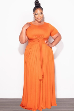 Final Sale Plus Size 2pc Short Sleeve Tie Top and Skirt Set in Orange TaglessDesign