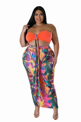 Anti Pilling Treatment Final Sale Plus Size 2pc Set in Orange Multi-Color Skirt & Top