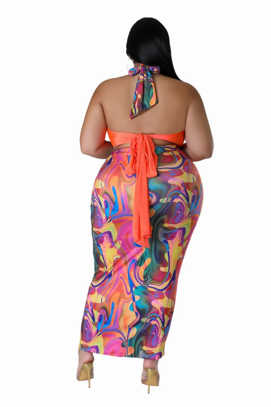 Final Sale Plus Size 2pc Set in Orange Multi-Color Skirt & Top Performance Design Day Comfort