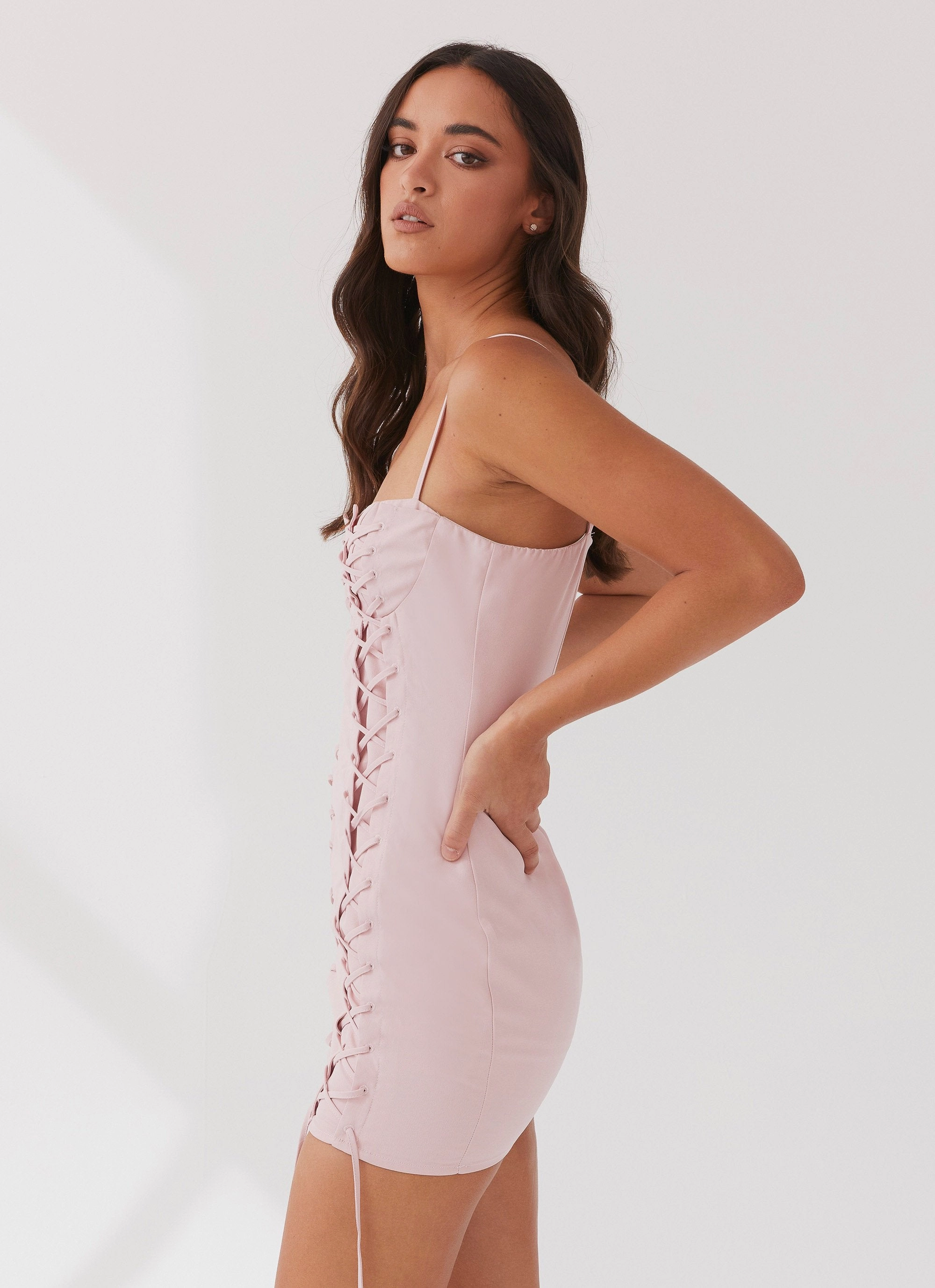Christina Lace Up Mini Dress - Lavender Flattering Look Wear