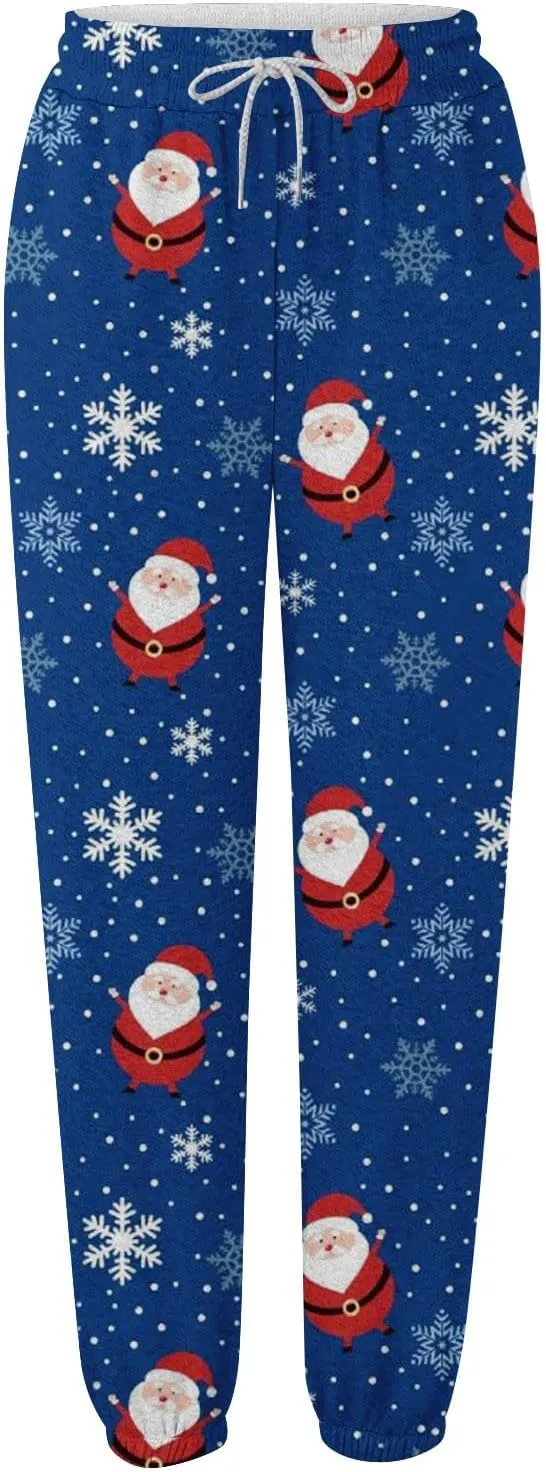 Christmas Sweatpants Women Loose Breathable Casual Pants Christmas Hat Christmas Tree Snowman Print Side Pockets