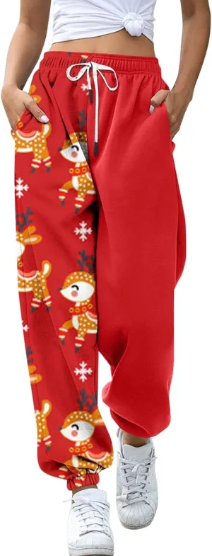Christmas Sweatpants Women Loose Breathable Casual Pants Christmas Hat Christmas Tree Snowman Print Side Pockets