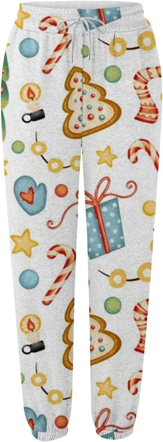 Christmas Sweatpants Women Loose Breathable Casual Pants Christmas Hat Christmas Tree Snowman Print Side Pockets