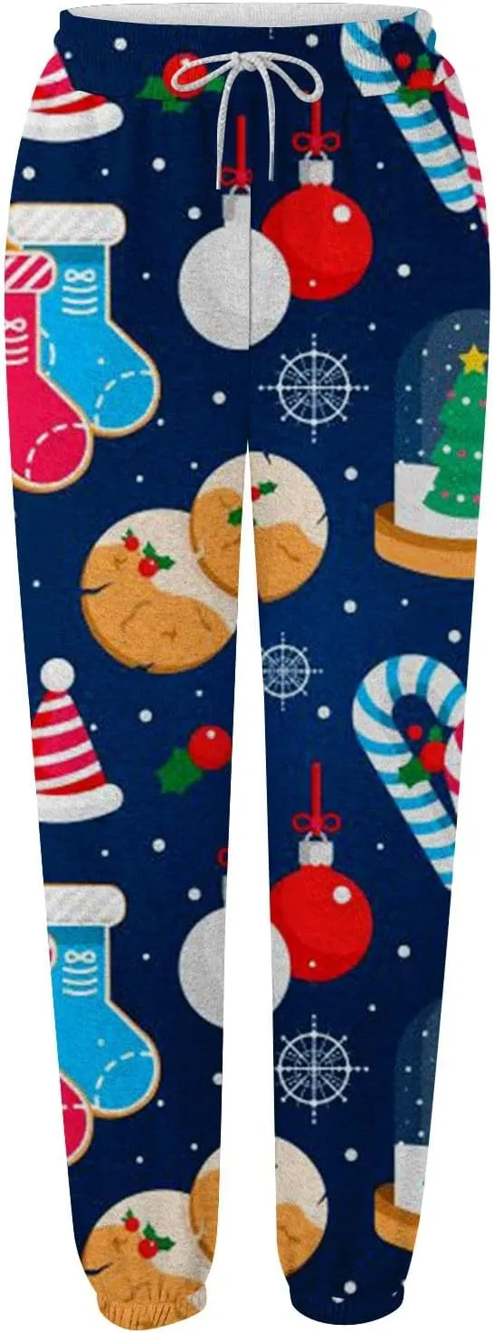 Christmas Sweatpants Women Loose Breathable Casual Pants Christmas Hat Christmas Tree Snowman Print Side Pockets