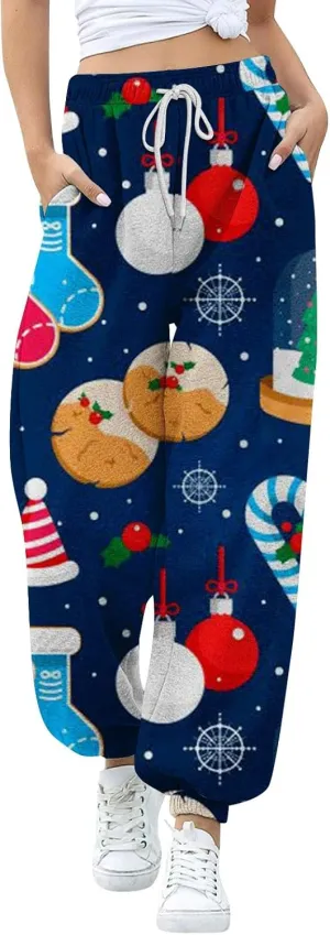 Christmas Sweatpants Women Loose Breathable Casual Pants Christmas Hat Christmas Tree Snowman Print Side Pockets