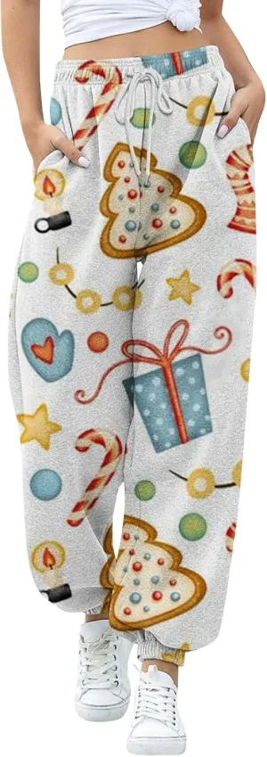 Christmas Sweatpants Women Loose Breathable Casual Pants Christmas Hat Christmas Tree Snowman Print Side Pockets