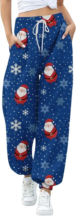 Christmas Sweatpants Women Loose Breathable Casual Pants Christmas Hat Christmas Tree Snowman Print Side Pockets