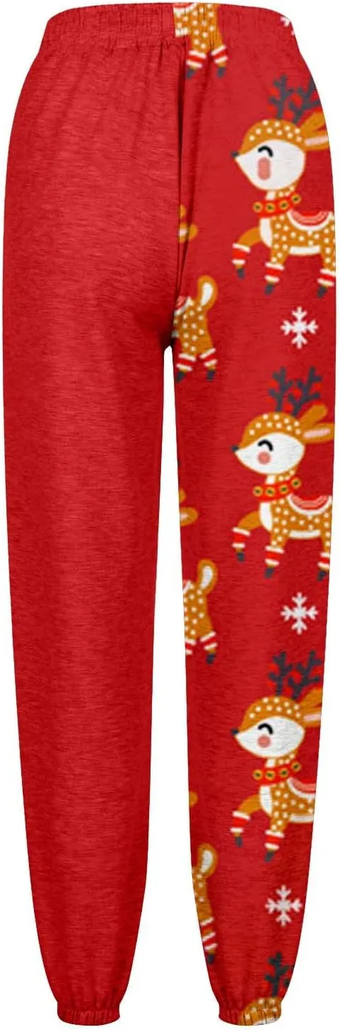 Christmas Sweatpants Women Loose Breathable Casual Pants Christmas Hat Christmas Tree Snowman Print Side Pockets