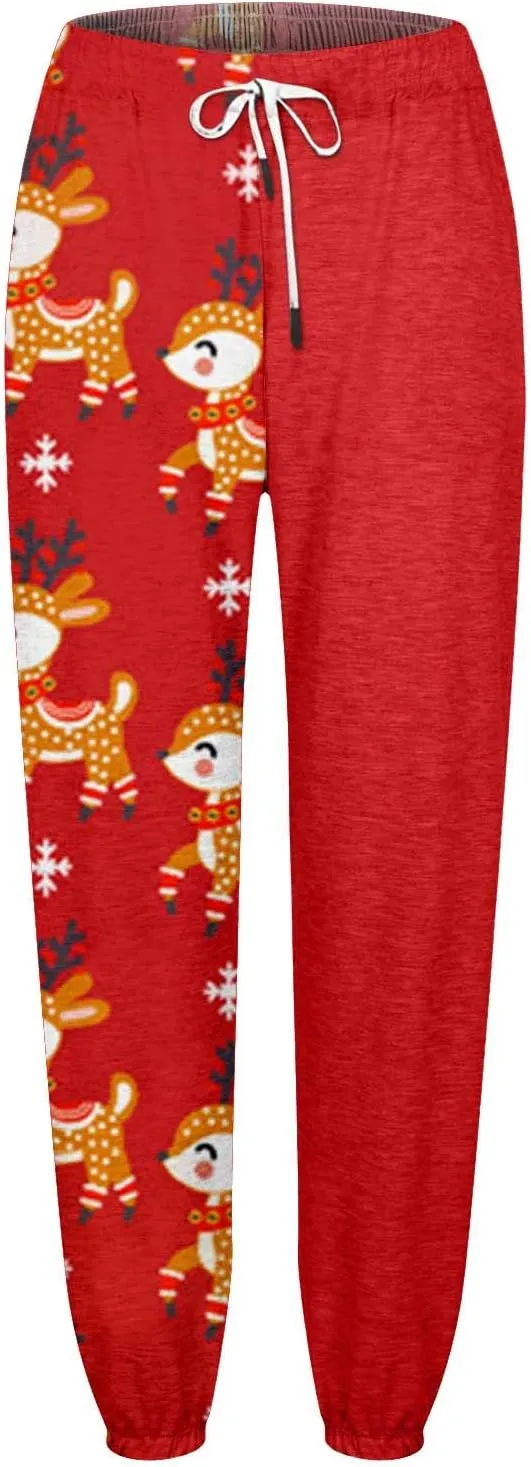 Christmas Sweatpants Women Loose Breathable Casual Pants Christmas Hat Christmas Tree Snowman Print Side Pockets
