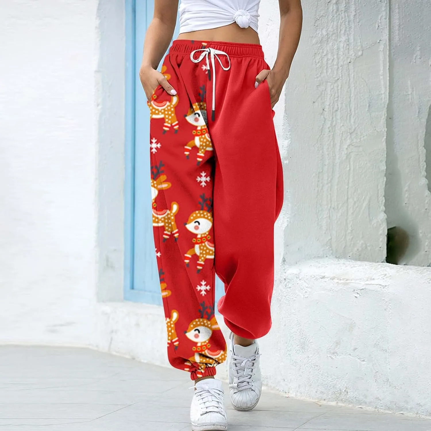 Christmas Sweatpants Women Loose Breathable Casual Pants Christmas Hat Christmas Tree Snowman Print Side Pockets