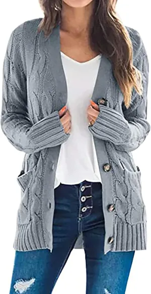 Chunky Cardigans For Women Casual Open Front Long Sleeve Cable Knit Fashion Button Casual Loose Sweaters Fall Outfits