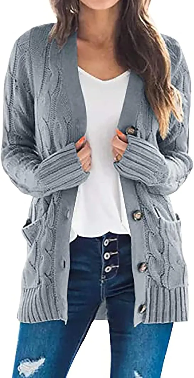 Chunky Cardigans For Women Casual Open Front Long Sleeve Cable Knit Fashion Button Casual Loose Sweaters Fall Outfits